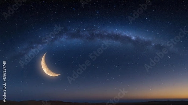 Fototapeta Stunning Crescent Moon Over a Starry Night Sky with Milky Way and Twilight Horizon