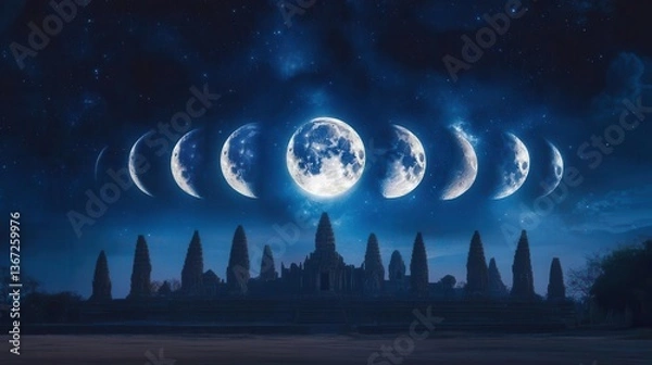 Obraz Phases of the Moon Over Ancient Temple Silhouette Under Starry Night Sky