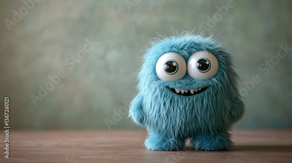 Fototapeta Cute blue monster character with big eyes and fluffy fur standing on a rustic table against a textured backdrop