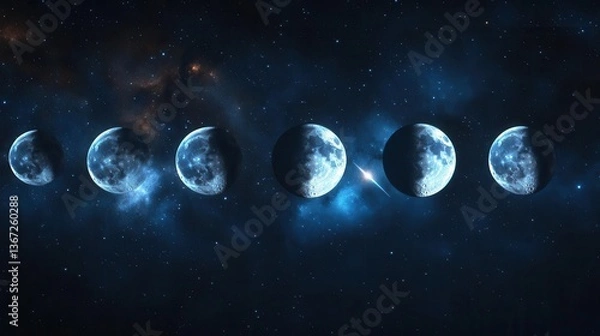 Fototapeta Phases of the Moon Transitioning Through a Celestial Night Sky in Deep Blue Colors