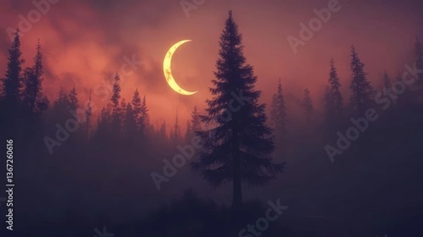 Fototapeta Serene Sunset Over Foggy Forest With Silhouette of Pine Trees and Crescent Moon in the Sky