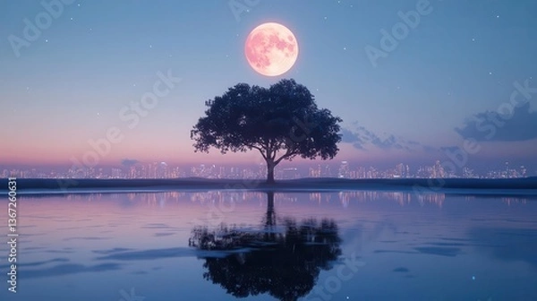 Fototapeta Reflective Tree Under a Full Moon at Dusk with Vibrant Skies and Serene Atmosphere