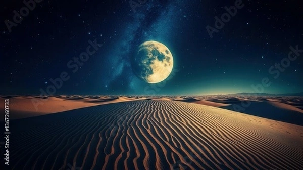 Fototapeta Stunning Night Landscape of a Desert Dune Under a Full Moon with Starry Sky
