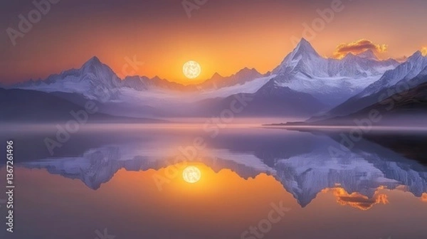 Fototapeta Stunning Reflection of Snow-Capped Mountains at Sunset Over Calm Lake with Vibrant Sky