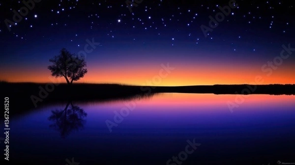 Fototapeta Starry Twilight Over a Tranquil Lake with Silhouette of a Tree and Vibrant Reflection