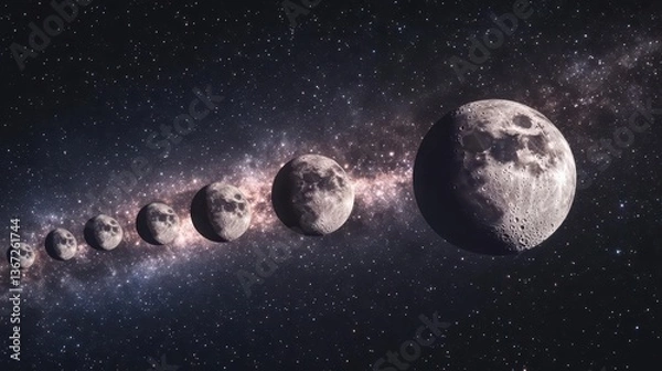 Fototapeta Sequence of Moon Phases Against a Starry Cosmic Background in Deep Space