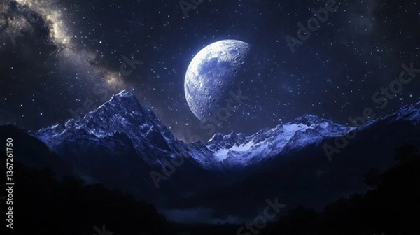 Obraz Starlit Mountain Landscape at Night with a Bright Moon and Clear Galactic Skies