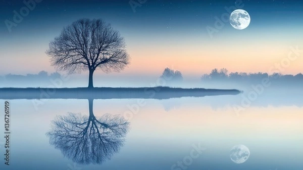 Fototapeta Serene Landscape with Tree Reflection Under Moonlit Sky and Calm Waters at Dusk