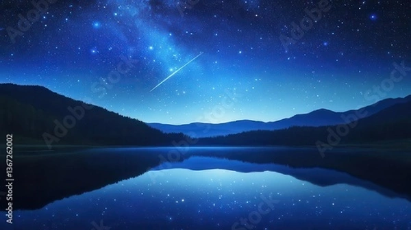 Fototapeta Starry Night Sky Over Calm Lake with Reflection of Mountains and twinkling Stars