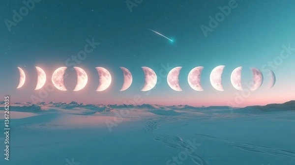 Fototapeta Stunning Sequence of Lunar Phases Against a Gradient Sky with a Comet in the Twilight Landscape