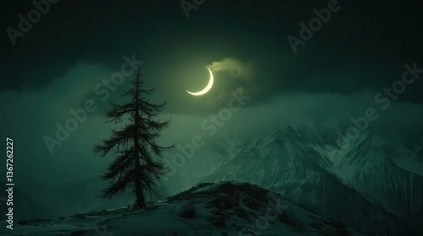 Fototapeta Solitary Tree on Snowy Hill Under a Crescent Moon in a Dark Mountain Landscape at Night