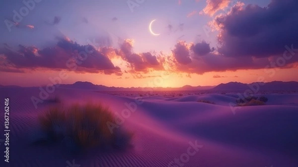 Fototapeta Serene Desert Sunset with Vibrant Sky and Soft Sand Dunes Under Crescent Moonlight
