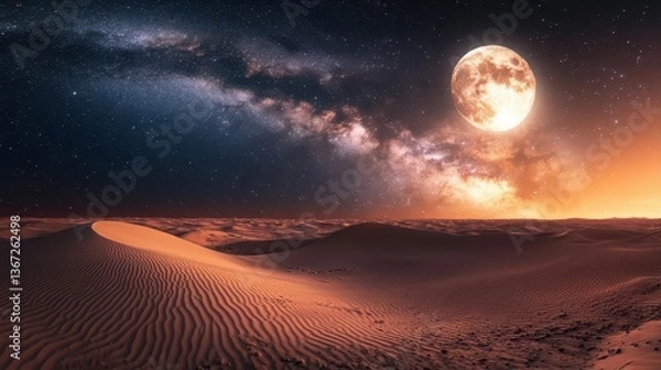 Fototapeta Stunning Desert Landscape Under Starry Night Sky with Full Moon and Milky Way in Background