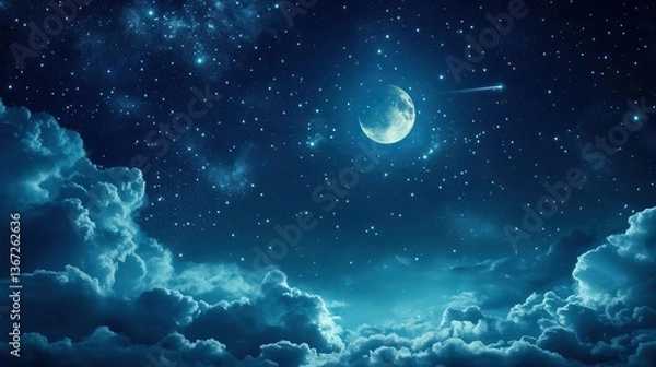 Fototapeta Starry Night Sky with Full Moon and Soft Clouds Under a Mystical Celestial Atmosphere