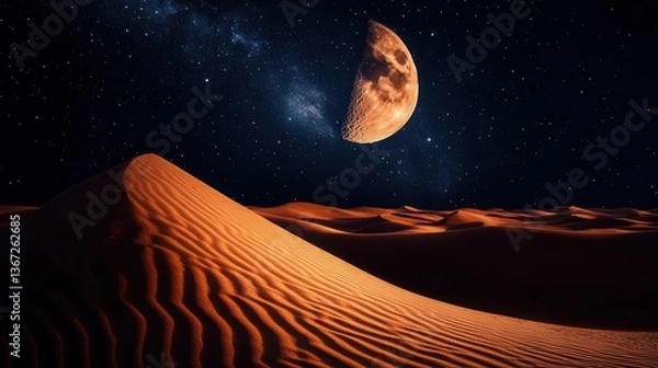 Fototapeta Stunning Desert Landscape Under A Bright Moon And Starry Sky At Night