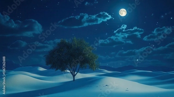 Fototapeta Serene Desert Landscape Under Moonlight with Solitary Tree and Starry Night Sky