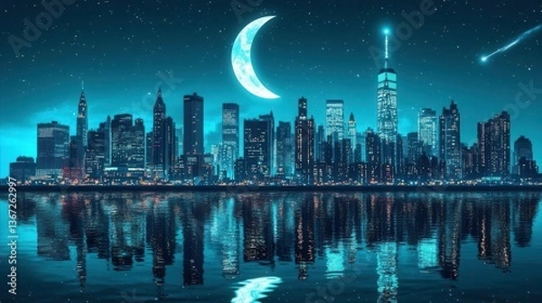 Fototapeta Stunning Nighttime Cityscape with Crescent Moon and Reflections in Calm Water