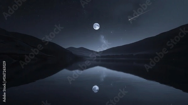 Fototapeta Starry Night Landscape with Moon Reflection Over Calm Water and Silhouetted Mountains