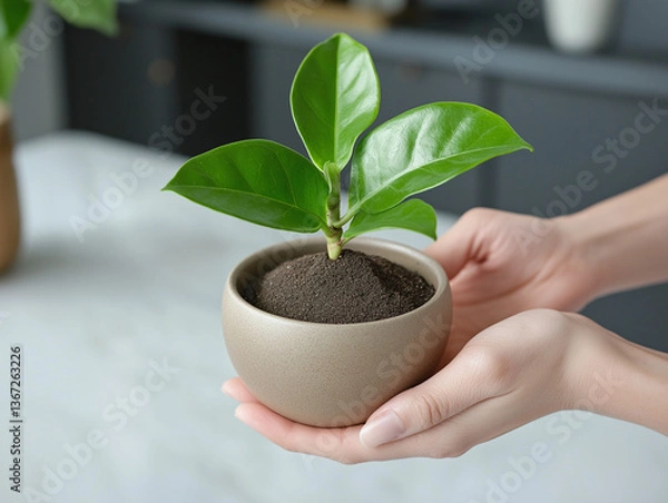 Fototapeta  Spring seedling held in hands in neutral indoor setting