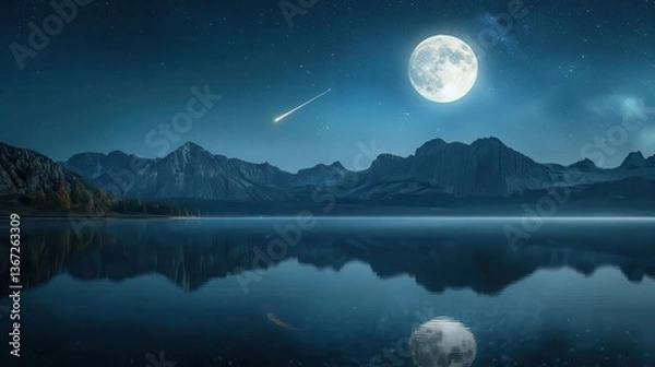 Fototapeta Stunning Full Moon Reflecting Over a Tranquil Lake Surrounded by Majestic Mountains at Night
