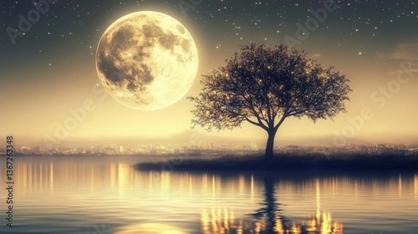 Fototapeta Serene Moonlit Night Over a Still Lake with a Silhouette of a Tree and Sparkling Stars