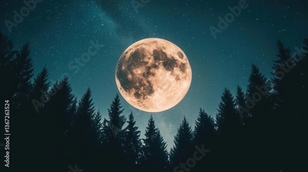 Fototapeta Stunning Full Moon Shining Brightly Over a Dark Forest with Stars in the Night Sky