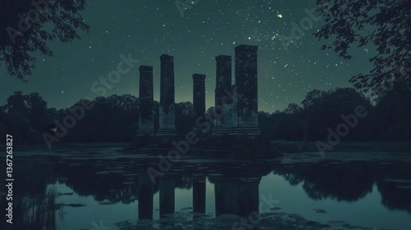 Fototapeta Serene Night Landscape Featuring Tall Monolithic Structures Reflected in Still Water Under Starry Sky