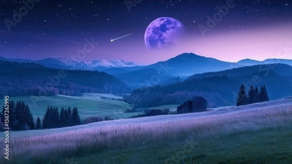 Fototapeta Stunning Night Landscape with Full Moon Over Mountains and Serene Valley in Twilight