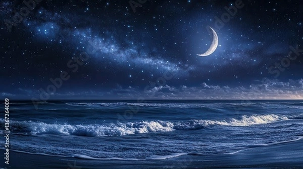 Fototapeta Starry Night Sky Over the Ocean with Moon and Gentle Waves in a Tranquil Setting