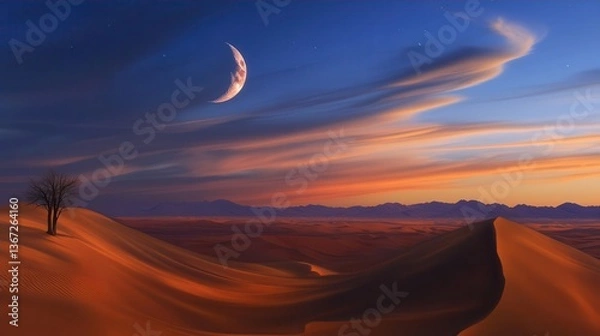 Fototapeta Stunning Sunset Over Desert Sand Dunes With Moonlit Sky And Gentle Clouds In Twilight