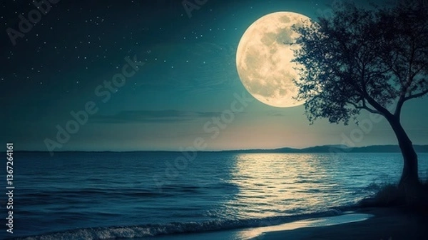 Fototapeta Stunning Night Landscape with Full Moon Over Ocean and Silhouetted Tree by the Shore
