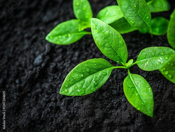 Fototapeta Green plant leaves with water drops on spring soil