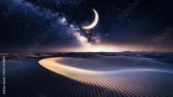 Fototapeta Stunning Night Sky Over Serene Desert Landscape with Crescent Moon and Milky Way Stars