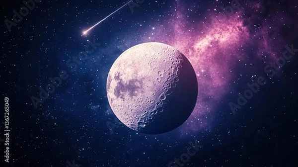 Fototapeta Stunning View Of A Half Moon Surrounded By A Colorful Cosmic Background With Stars And A Comet