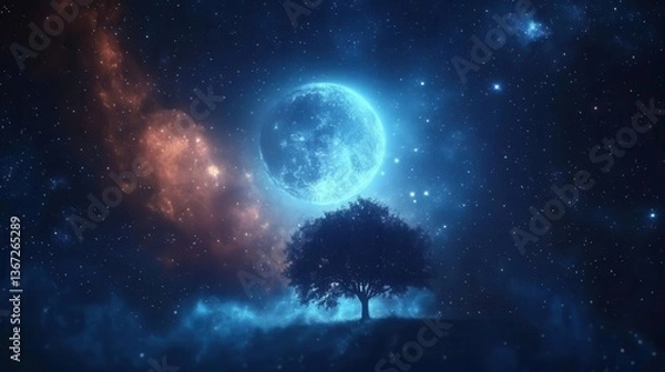 Fototapeta Silhouette of a Tree Under a Glowing Blue Moon in a Starry Night Sky