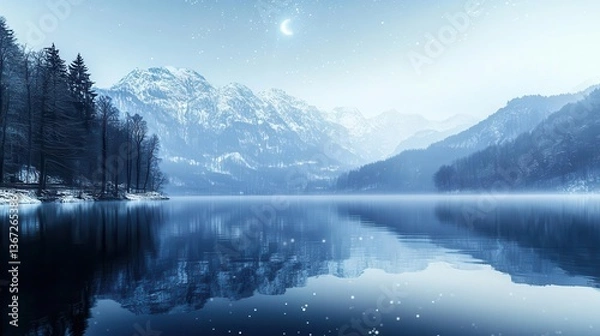 Fototapeta Snowy Mountain Landscape Featuring a Tranquil Lake Under a Starry Night Sky with Reflection