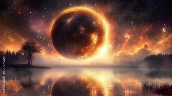 Fototapeta Stunning Cosmic Landscape with Illuminated Moon Over Reflective Lake at Night