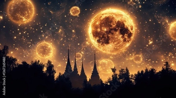 Fototapeta Silhouette of a Gothic Castle Under a Mystical Moonlit Sky with Twinkling Stars and Celestial Orbs
