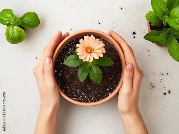 Fototapeta Hands holding potted flower sprout in spring planting