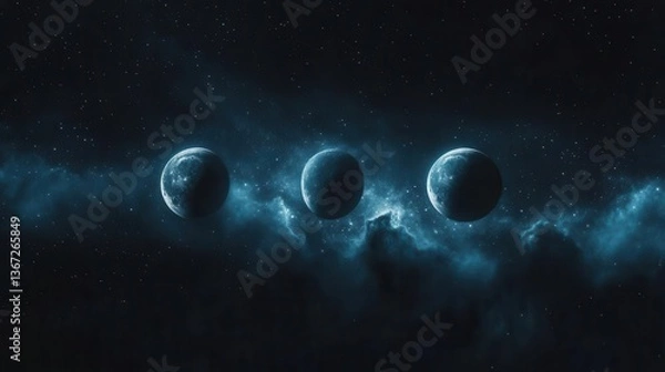 Fototapeta Three Celestial Bodies Floating in a Blue Nebula Within the Dark Cosmic Space