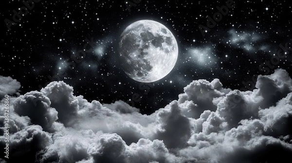 Obraz Stunning Full Moon Illuminating Cloudy Night Sky with Twinkling Stars and Mystical Atmosphere