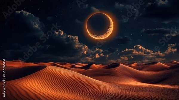 Fototapeta Stunning Crescent Moon Over Rolling Sand Dunes in a Tranquil Desert Night Landscape