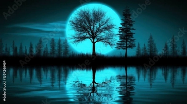 Fototapeta Silhouette of Trees Against a Bright Blue Moon Reflected on Calm Water at Night