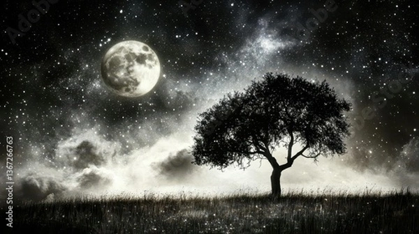Fototapeta Silhouetted Tree Under a Bright Full Moon in a Starry Night Sky with Ethereal Atmosphere