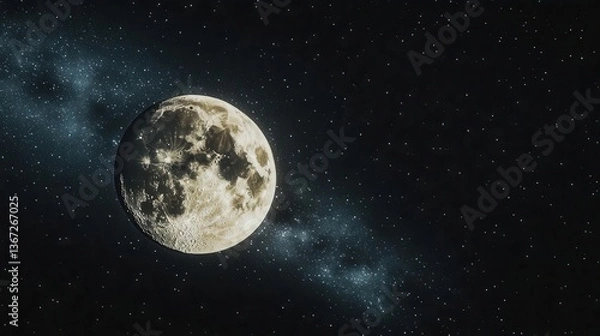 Fototapeta Vast Night Sky with a Brilliant Moon Surrounded by Stars and Cosmic Elements in Space