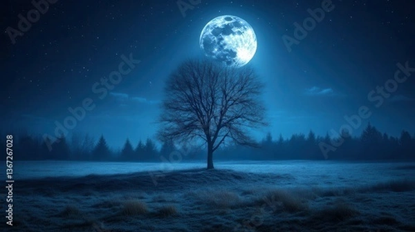 Fototapeta Solitary Tree Under a Bright Full Moon in a Starry Night Sky with Calm Landscape