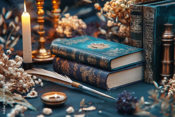 Fototapeta Ancient witch's altar with candles, old books, and ornate spell-casting tools, with a mystical and magical atmosphere