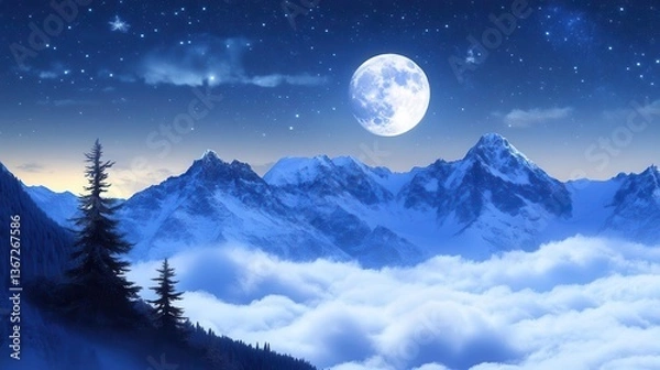 Obraz Stunning Night Landscape with Full Moon Over Snow-Capped Mountains and Cloud Sea During Twilight