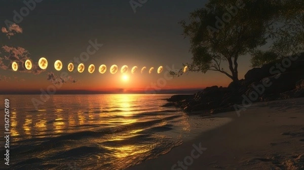 Fototapeta Stunning Sunset Over Tranquil Ocean with Silhouette of Tree on Sandy Beach at Dusk