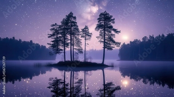 Fototapeta Starry Night Sky with Reflection of Silhouetted Trees on Serene Water in a Tranquil Landscape